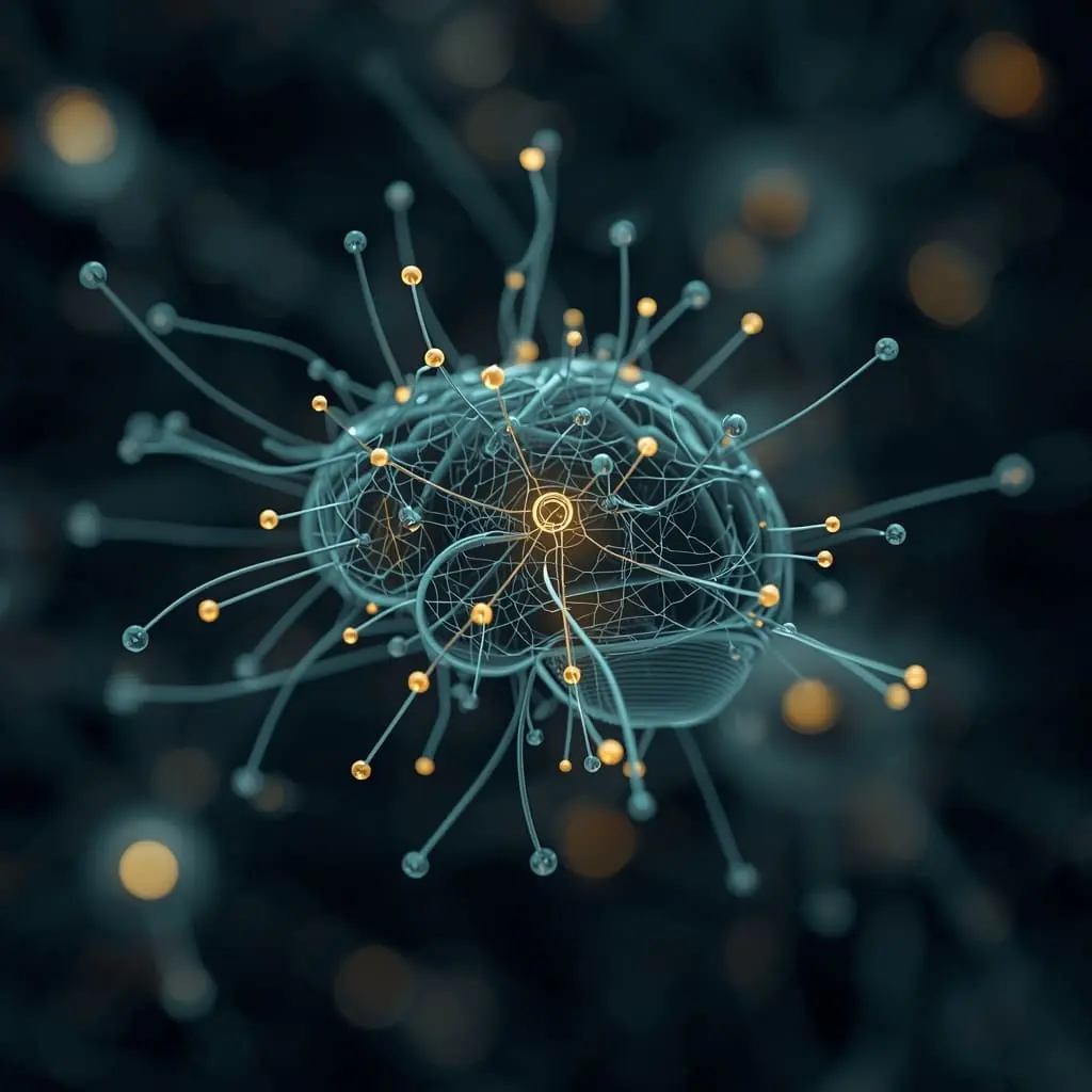 Abstract Neural network of glowing light threads in a void