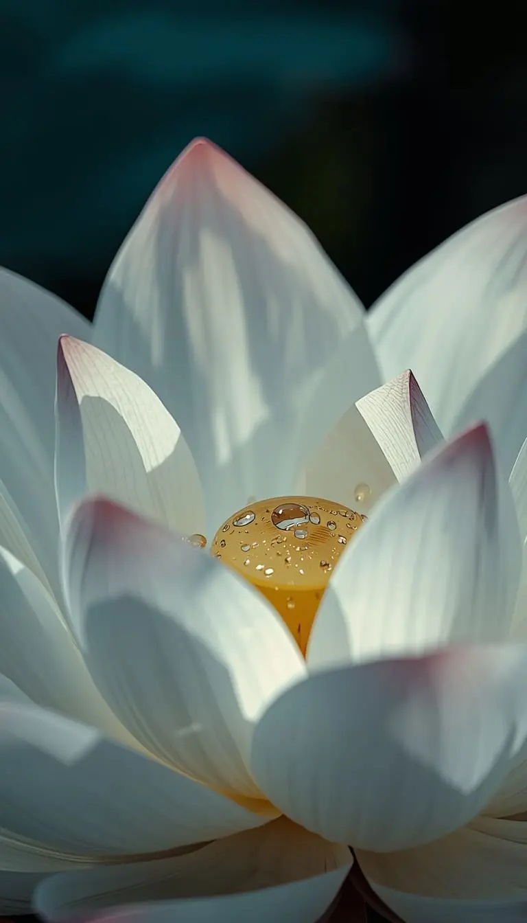 Macro shot of crystal water droplets on a white petal
